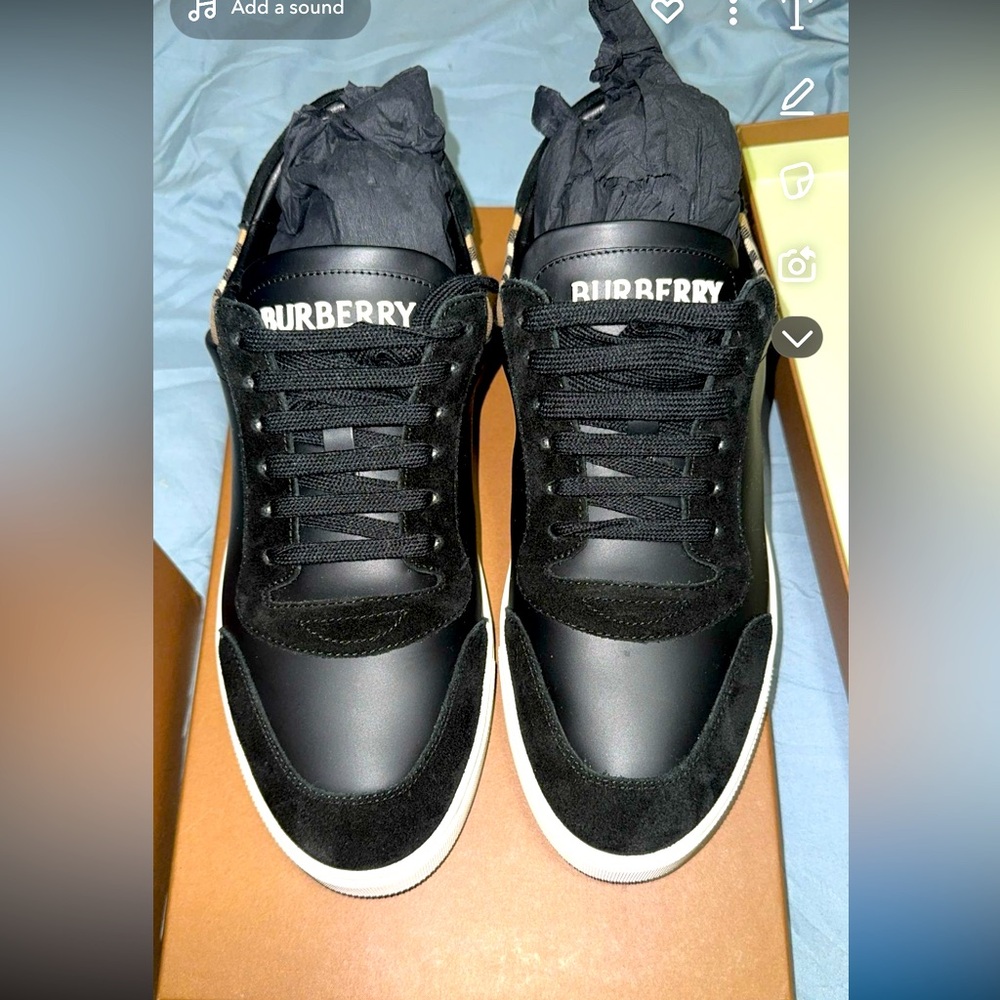 2022 Burberry Black Leather, Suede , Black Stripe Checker mint condition.